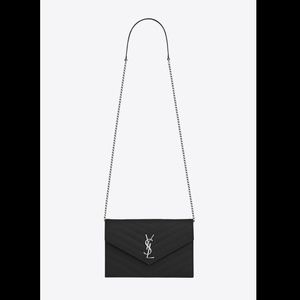 Saint Laurent Black Envelope Chain Wallet in Grain de Poudre Embossed Leather